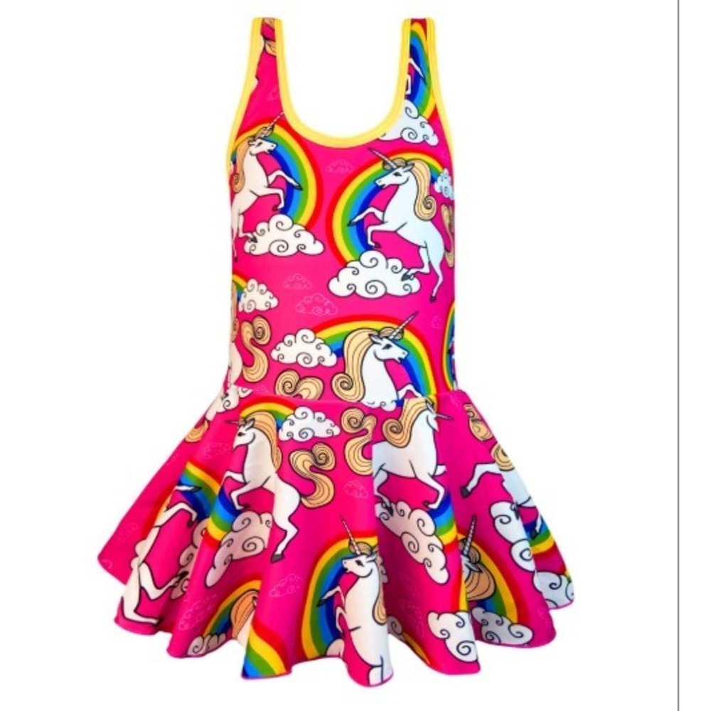 KuKiee Girls Sz 12 13 Rainbow Unicorn Swimsuit Stars Hot Pink 1pc Skirt NEW